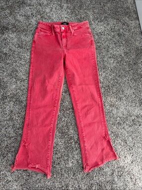 PAIGE Coral Pink Flare Jeans with Raw Hem